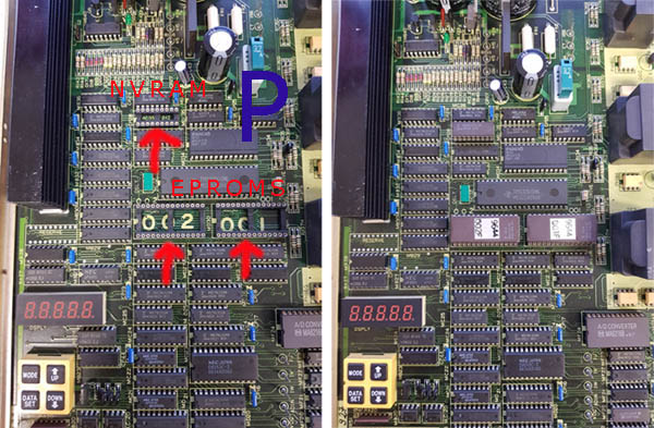 Photo shows A20B-1001-0120 Eproms and NVRAM